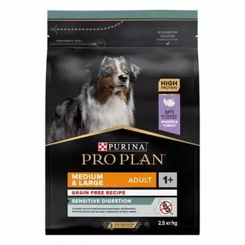 PRO PLAN® сухой корм для собак средних и крупных пород с чувствительным пищеварением (беззерновой), с индейкой, GRAIN FREE (12 кг)