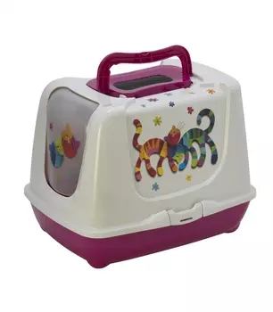 Туалет-домик Trendy cat с угольным фильтром и совком, 57х45х43, Друзья навсегда, ярко-розовый (1,9 кг)