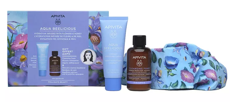 Apivita Набор "Аква Билишес" Крем-комфорт, 40мл + пенка, 75мл + повязка (Apivita, Aqua Beelicious)