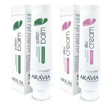 Aravia Professional Комплект Смягчающий бальзам для ног с эфирными маслами Soften Balm, 100 мл + Крем для ног шёлковый с пудрой Silky Cream, 100 мл (Aravia Professional, SPA педикюр)