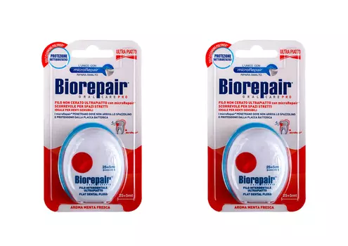 Biorepair Набор Ультраплоская зубная нить с воском для чувст.зубов Ultra-Flat Waxed Floss, 30м*2 штуки (Biorepair, Уход за зубами)
