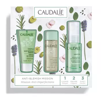 Caudalie Набор для жирной и комбинированной кожи: Сыворотка для сужения пор 30 мл + Очищающий тоник 50 мл + Очищающий гель для умывания 30 мл (Caudalie, Vinopure)