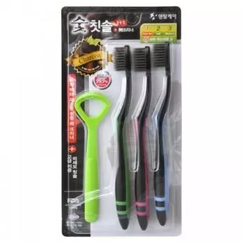 Dental Care Набор: Зубная щетка c древесным углем и сверхтонкой двойной щетиной мягкой и супермягкой + скребок для языка 3 шт. + 1 шт. (Dental Care, Наборы)