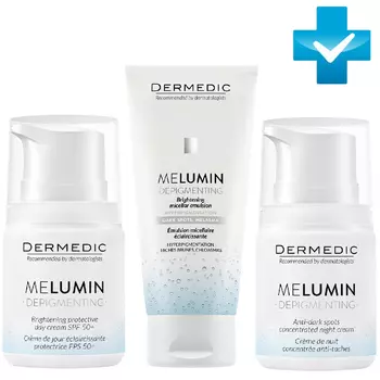 Dermedic Набор "Уход против пигментации": дневной крем, 50 г + ночной крем, 50 г + мицеллярная эмульсия, 200 г (Dermedic, Melumin)
