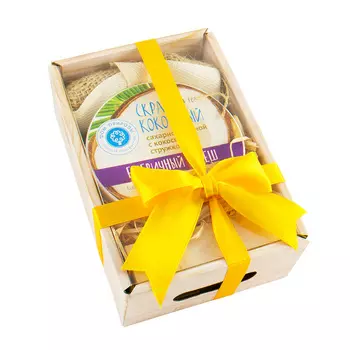 Дом природы Подарочный набор Лукошко №17: Крымское натуральное мыло "Белоснежный кокос" 100 гр + Кокосовый сахарно-соляной скраб «Ежевичный фреш» 300 гр + Мочалка джутовая (Дом природы, Наборы)