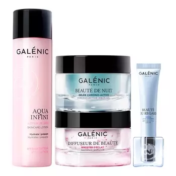 Galenic Beauty must have: Лосьон-уход для лица 200 мл + Гель-крем для сияния кожи 50 мл + Ночной хроно-активный гель-уход 50 мл + Ультра-охлаждающий крем для кожи вокруг глаз 15 мл (Galenic, Aqua infini)