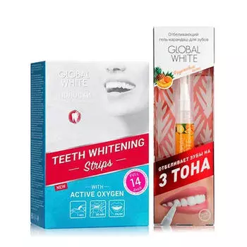 Global white Набор Отбеливающие полоски для зубов "Активный кислород" 14 дней + Отбеливающий карандаш-апликатор со вкусом фруктов 5 мл (Global white, Отбеливающие системы)