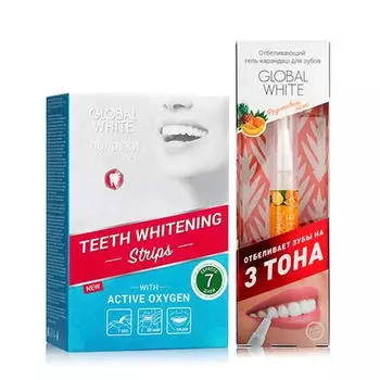 Global white Набор Отбеливающие полоски для зубов "Активный кислород" 7 дней + Отбеливающий карандаш-апликатор со вкусом фруктов 5 мл (Global white, Отбеливающие системы)