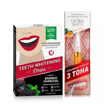 Global white Набор Полоски для отбеливания зубов Древесный уголь 7 шт + Отбеливающий карандаш-апликатор со вкусом фруктов 5 мл (Global white, Отбеливающие системы)