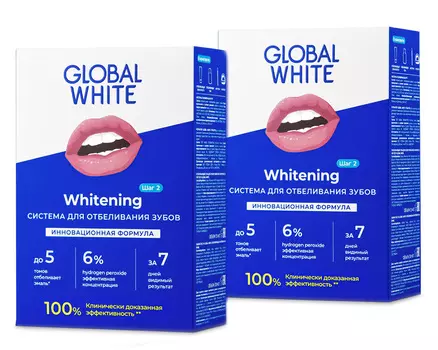 Global White Набор Система для отбеливания зубов на 4-5 тона 6% (Гель 15 мл + ретрактор + микрощетка)*2 штуки (Global White, Отбеливание)