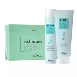 Kaaral Набор для увлажнения сухих волос: шампунь, 300 мл + кондиционер, 250 мл + лосьон восстанавливающий, 12 шт х 10 мл, 1 шт (Kaaral, Purify)