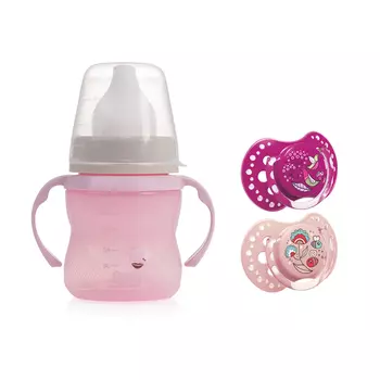 Lovi Комплект Поильник обучающий, 150 мл, 6м+, Retro, розовый + Пустышка динамическая силикон 2 шт., 6-18м, Folky для девочки (Lovi, Детская посуда)