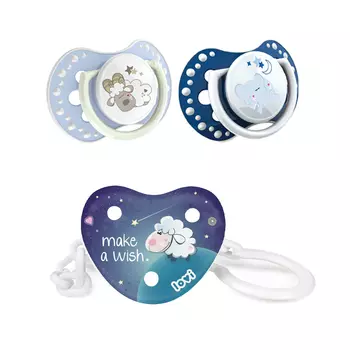 Lovi Комплект Пустышка динамическая силикон 2 шт., 3-6 мес, Night&amp;Day, для мальчика + Держатель для пустышки Lovi Night and Day (Lovi, Пустышки)