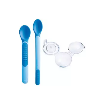 MAM Ложки для кормления Feeding Spoons &amp; Cover с защитным футляром 6+, голубые, 2 штуки (MAM, Столовые приборы)