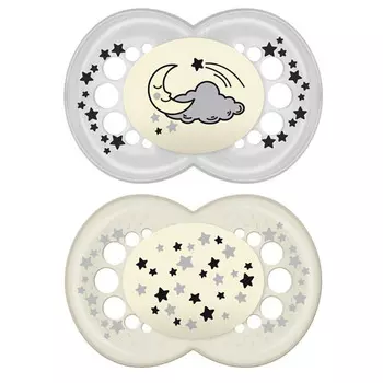 MAM Original Night Пустышка силиконовая ночная 2 штуки и контейнер для стерилизации, хранения и переноски, серая и бежевая, 6+ месяцев (MAM, Пустышки)