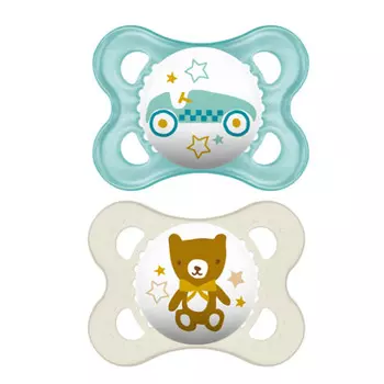 MAM Пустышка силиконовая Original 2 штуки и контейнер для стерилизации, хранения и переноски, зеленая и бежевая, 0-6 месяцев (MAM, Пустышки)