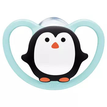 Nuk Силиконовая пустышка Space ортодонтической формы "Пингвин" размер 2, 6-18 месяцев (Nuk, Соски-пустышки и аксессуары)