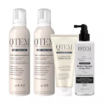 Qtem Набор для ломких и химически поврежденных волос (шампунь 260 мл + кондиционер 260 мл + желе 100 мл + спрей 150 мл) (Qtem, Soft Touch Care)