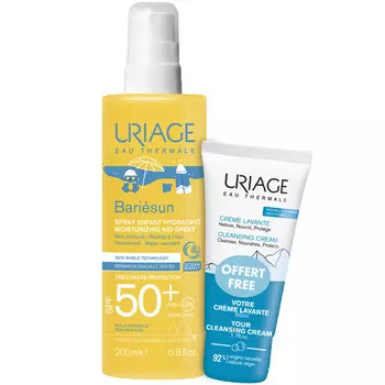 Uriage Набор: увлажняющий спрей для детей SPF 50+, 200 мл + очищающий пенящийся крем 50 мл (Uriage, Bariesun)