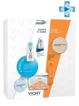 Vichy Набор Базовый уход в путешествии: Освежающий спрей-вуаль для лица SPF50, 75 мл + Ежедневный гель-сыворотка Mineral 89, 30 мл + Мицеллярная вода с минералами для чувствительной кожи 100 мл (Vichy, Capital Ideal Soleil)