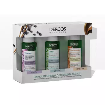 Vichy Набор Деркос Нутриентс: Vitamin Шампунь для блеска 100 мл+ Detox Глубоко очищающий шампунь 100 мл + Nutri Protein Восстанавливающий шампунь 100 мл (Vichy, Dercos Nutrients)