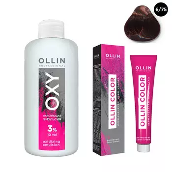 Ollin Professional Набор "Перманентная крем-краска для волос Ollin Color оттенок 6/75 темно-русый коричнево-махагоновый 100 мл + Окисляющая эмульсия Oxy 3% 150 мл" (Ollin Professional, Ollin Color)