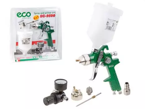 Краскораспылитель ECO SG-9500 с манометром (HVLP, сопло ф 1.4, 1.7 мм, верх. бак 600 мл, блистер) (SG-9500HSTMU)