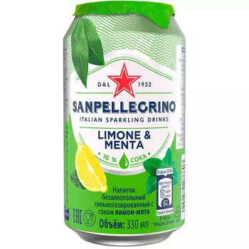 Безалкогольный напиток SANPELLEGRINO газированный со вкусом лимона и мяты 330 мл