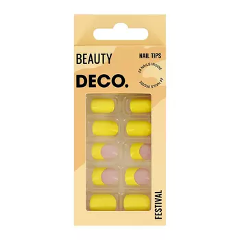 Набор накладных ногтей с клеевыми стикерами DECO. BEAUTY festival yellow fun 24 шт + клеевые стикеры 24 шт