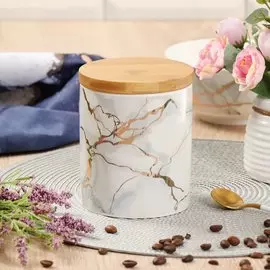 Банка для сыпучих продуктов, керамика, 0.58 л, с крышкой, Daniks, Белый мрамор, белая