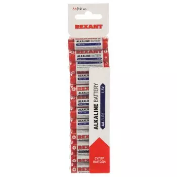 Батарейка Rexant, АА (LR6, 15A), щелочная, 1.5 В, блистер, 12 шт, 30-1026