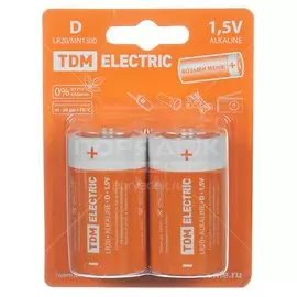 Батарейка TDM Electric, D (LR20), Alkaline, щелочная, 1.5 В, блистер, 2 шт, SQ1702-0012