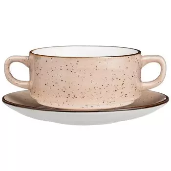 Бульонница фарфор, 250 мл, с ручкой, с блюдцем, Nature, Bronco, 263-1114, бежевая