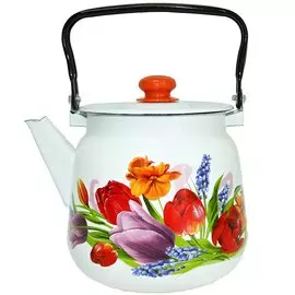 Чайник сталь, эмалированное покрытие, 3.5 л, с кнопкой, Сибирские товары, Тюльпан Май, белый, С2716.3*119