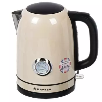 Чайник электрический BRAYER, BR1005YE, 1.7 л, 2200 Вт, скрытый нагревательный элемент, нержавеющая сталь