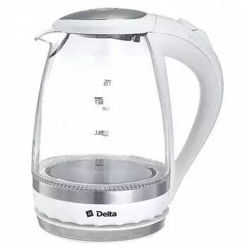 Чайник электрический Delta, DL-1202, белый, 1.5 л, 2200 Вт, скрытый нагревательный элемент, стекло
