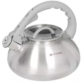 Чайник нержавеющая сталь, 3 л, со свистком, матовый, логотип меняет цвет, ручка с силиконовым покрытием, Daniks, DSC-8801