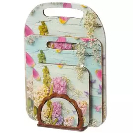 Доска разделочная дерево, салфетница 1 шт, 3 шт, с ручкой, мультиколор, прямоугольная, Цветы, КМ-4