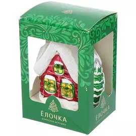 Елочное украшение Елочка, Домик с елкой, 8 см, стекло, C1627