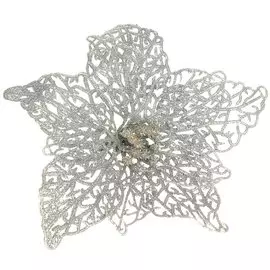 Елочное украшение Пуансеттия, серебро ажур, 15 см, на прищепке, Y4-3005