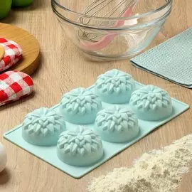 Форма для запекания силикон, 17.5х29.5 см, прямоугольная, 6 кексов, Daniks, Хризантемы Квантум, Y4-5177