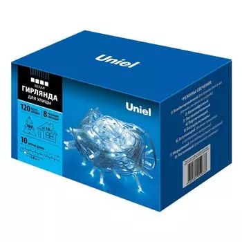 Гирлянда светодиодная 120ламп, 10 м, Uniel, свет теплый белый, белая, сетевая, UL-00007841