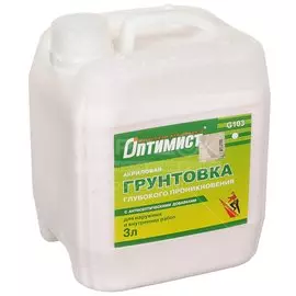 Грунтовка воднодисперсионная, акриловая, Оптимист, G103, глубокого проникновения, для внутренних и наружных работ, 3 л, зеленая этикетка