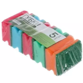 Губка для посуды, 5 шт, New, поролон, абразивная фибра, профильная, Марья Искусница, разноцветная