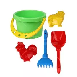 Игровой набор №34, ведро 1 л, лопатка 22 см, грабли 21 см, 2 формочки зверята, И-6755