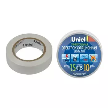 Изолента ПВХ, 15 мм, белая, 10 м, Uniel, 04514