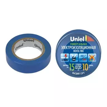 Изолента ПВХ, 15 мм, синяя, 10 м, Uniel, 04511