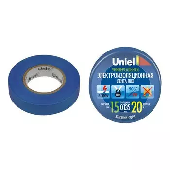 Изолента ПВХ, 15 мм, синяя, 20 м, Uniel, 04485