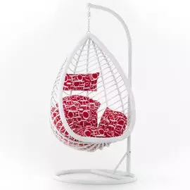 Подвесное кресло Кокон 44-004-07 белый ротанг с красной подушкой с узорами