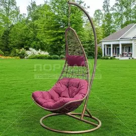 Подвесное кресло Кокон, 1-мест, 125х105х195 см, 100 кг, Груша, кофейное, ротанг, подушка бордовая, Y6-1803